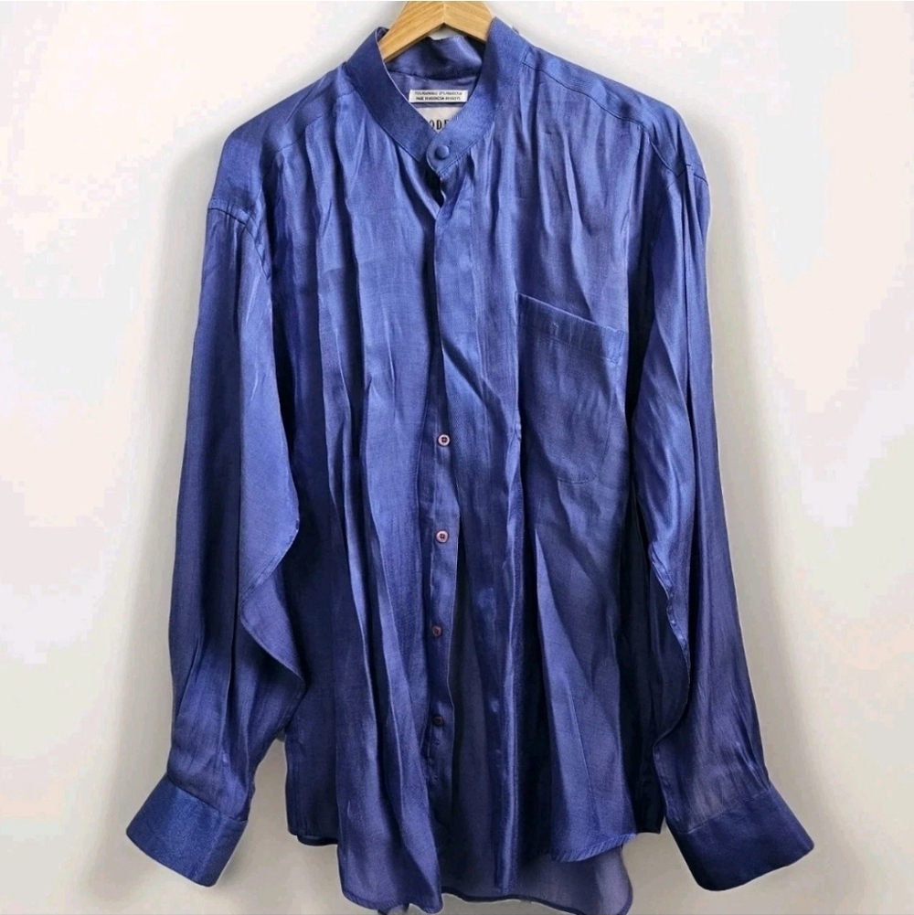 Modena Men Button up Shirt Long Sleeve Metallic Blue Stand Up Collar Size L